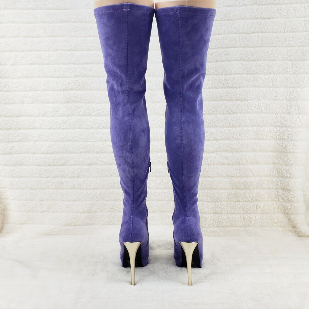 Sexy Girlz Faux Stretch Purple Suede High Heel Pointy Toe Platform Thigh Boots - Totally Wicked Footwear