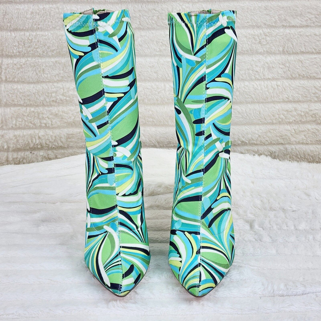 Odin Crazy Wild Color Pattern High Heel Stretch Fabric Ankle Boots - Green Blue - Totally Wicked Footwear