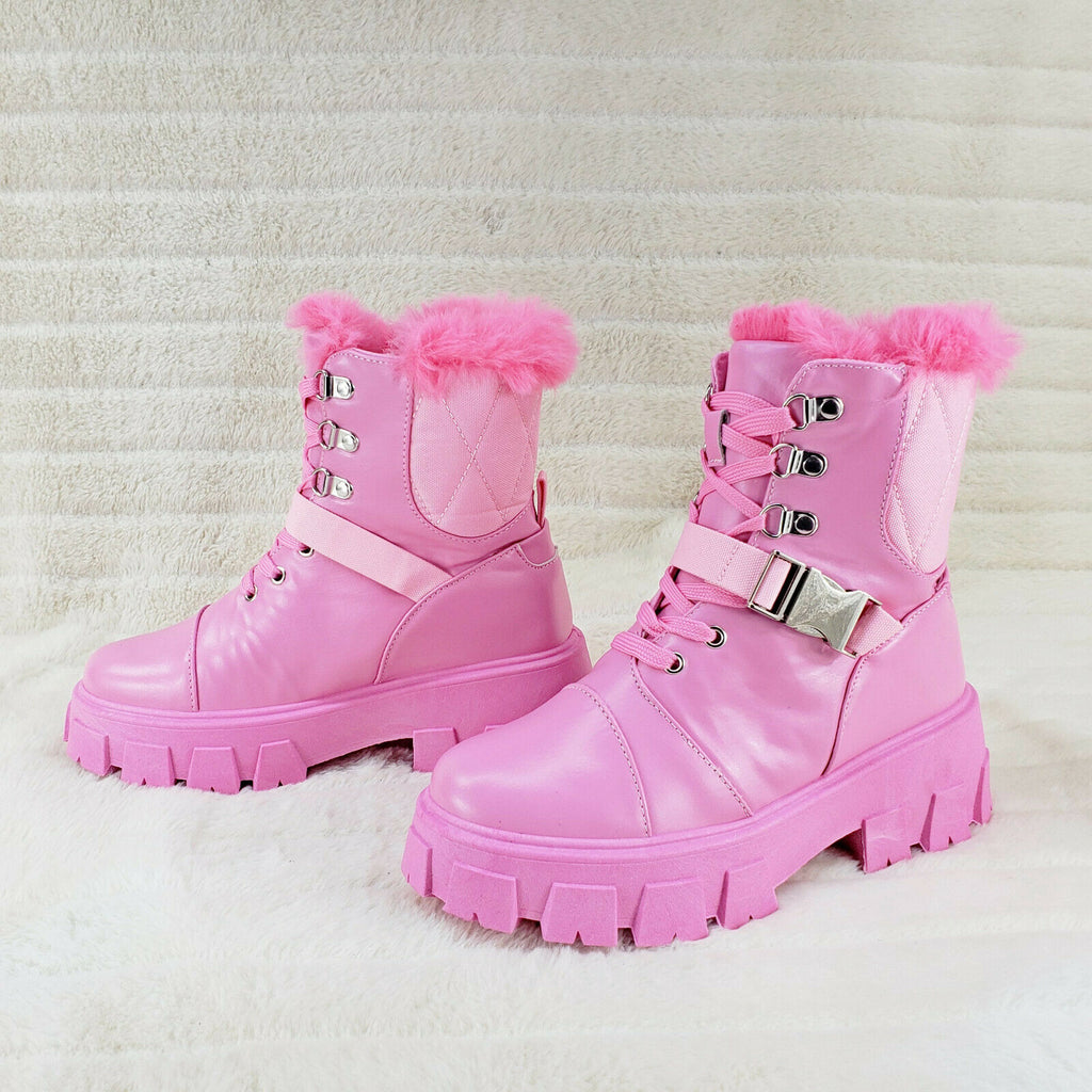 Dexter Furry Cuff Lace Up With Strap Combat Ankle Boots Baby Pink - Totally Wicked Footwear