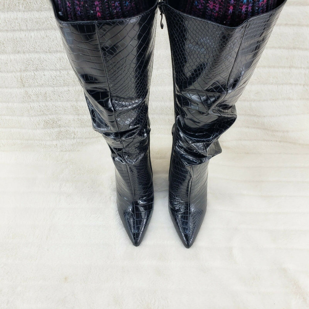 Always Trendy Black Croc Slouchy Scrunch High Heel Knee Boots - Totally Wicked Footwear