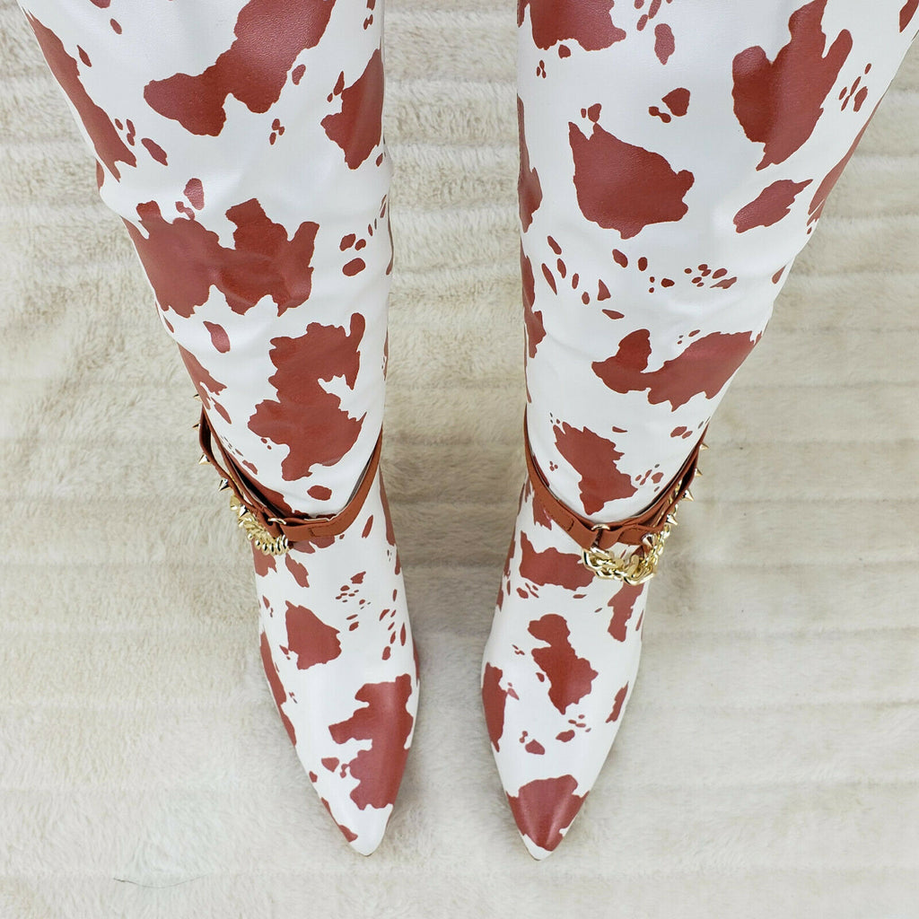 Eva Tan & White Cow Print Leatherette Gold Tone High Heel & Chain Knee Boots - Totally Wicked Footwear