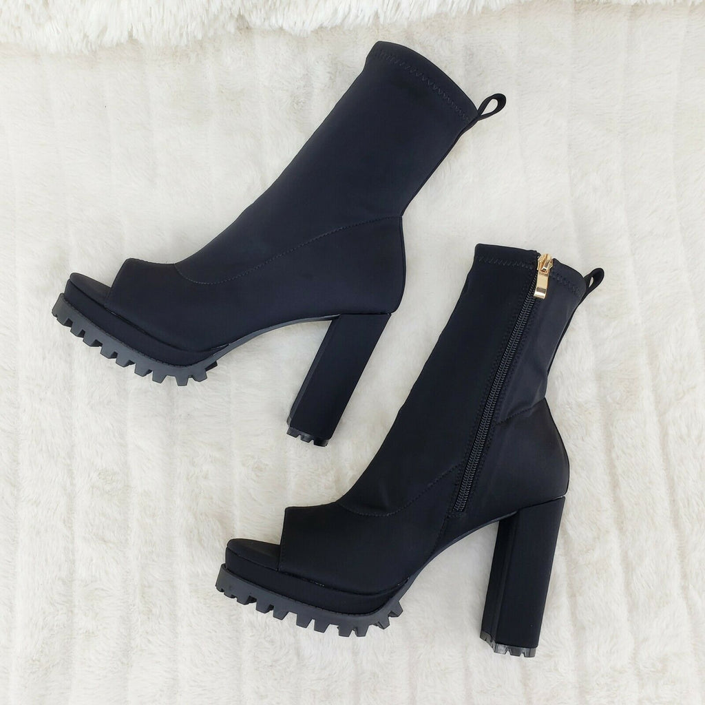 Natalie Black Chunky Heel Stretch Open Toe Lug Sole Ankle Boots - Totally Wicked Footwear