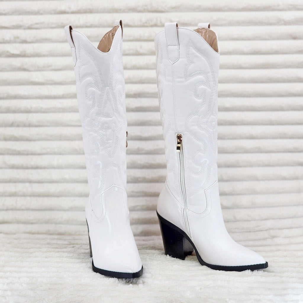 Electric Cowboy Brush Metallic Matte Western Knee High Cowgirl Boots Pearl White - Totally Wicked Footwear