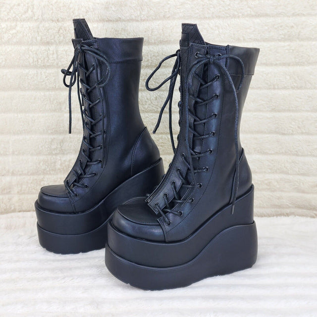 Void Black Matte Reflective Platform Wedge Mid Calf Boots IN HOUSE NY Demonia - Totally Wicked Footwear