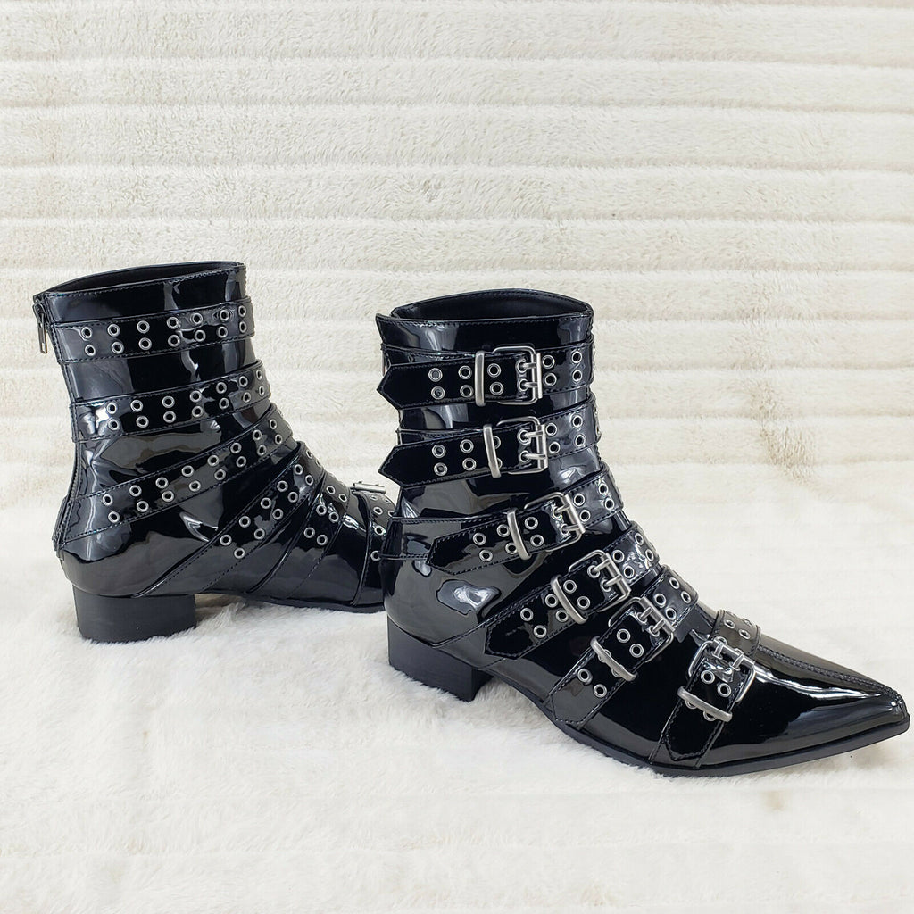 Wicked Warlock 70 Multi Strap Winklepicker Ankle Boots Mens Patent NY IN HOUSE - Totally Wicked Footwear