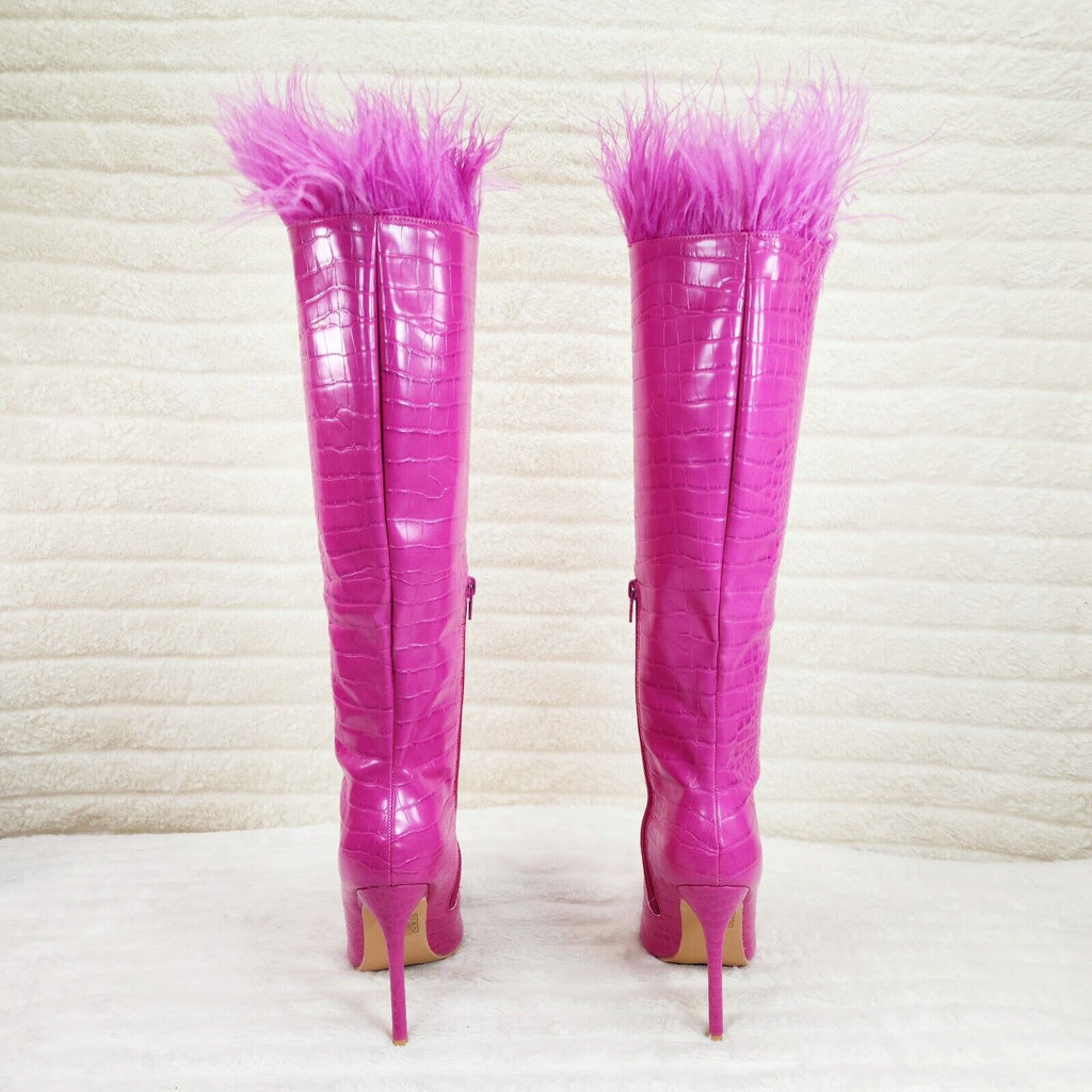Flirty Fuchsia Pink Snake Texture Knee High Heel Stiletto Boots Sexy Feather Top - Totally Wicked Footwear