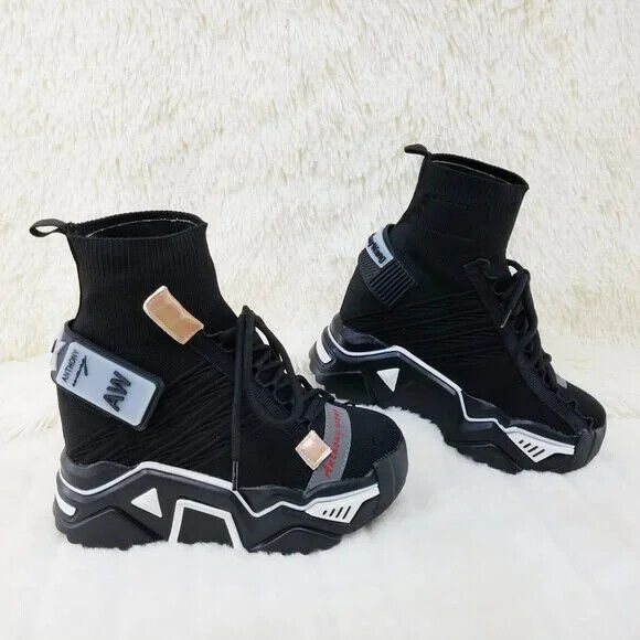 Wang Damson Pull On Knit Platform Sneaker Boots 4" Hidden Wedge Black Knit - Totally Wicked Footwear