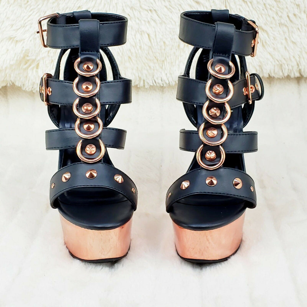 Delight 658 Black Rose Gold Cage Strap 6" High Heel Shoe Bull Ring US Sizes NY - Totally Wicked Footwear