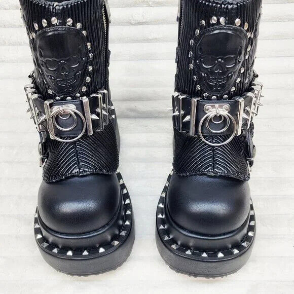 Stud & Skull Patch Black Matte Bear 150 Platform Ankle Boots Goth Punk Rave NY - Totally Wicked Footwear