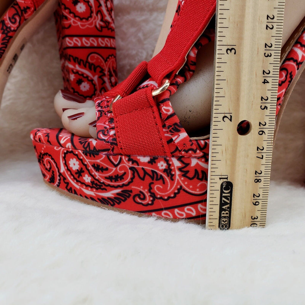 Red Bandanna  5.5" Chunky High Heel Harness Strap Shoe US Sizes 5.5-11 Bandana - Totally Wicked Footwear