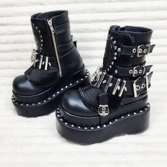 Stud & Skull Patch Black Matte Bear 150 Platform Ankle Boots Goth Punk Rave NY - Totally Wicked Footwear