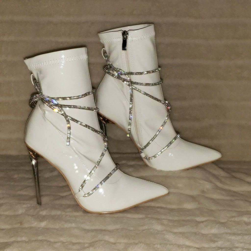 Destiny White Stretch Patent Cable Rhinestone Strap High Heel Ankle Boots - Totally Wicked Footwear