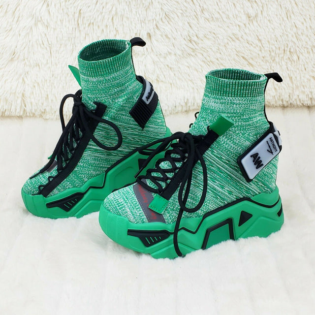 Wang Damson Pull On Knit Platform Sneaker Boots 4" Hidden Wedge Green Knit - Totally Wicked Footwear