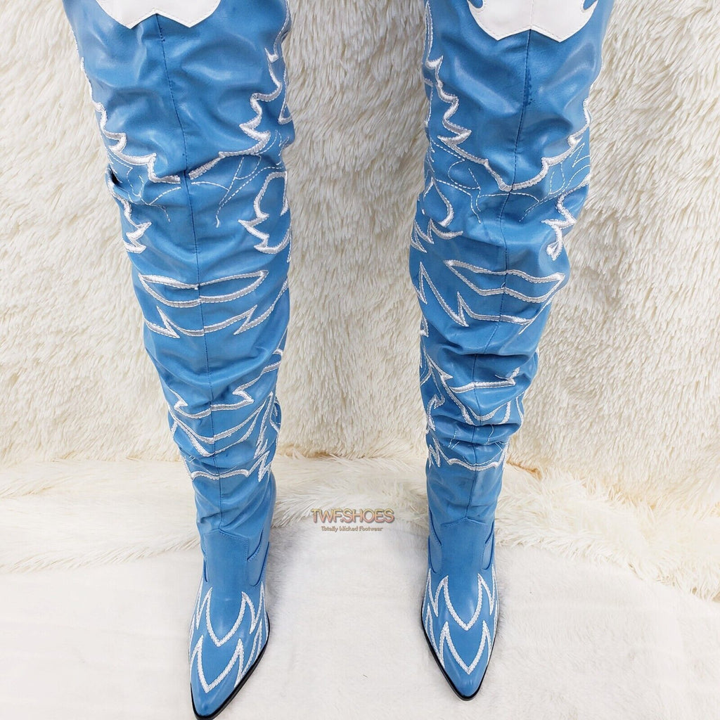 Kelsey 21 Rock Star Turquoise & White Western Slouch OTK Thigh High Cowboy Boots - Totally Wicked Footwear