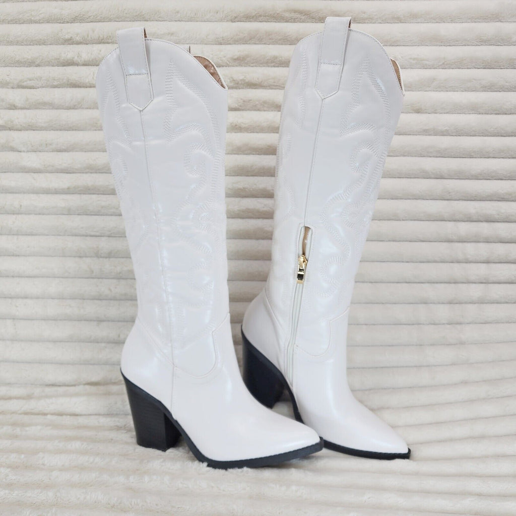Electric Cowboy Brush Metallic Matte Western Knee High Cowgirl Boots Pearl White - Totally Wicked Footwear