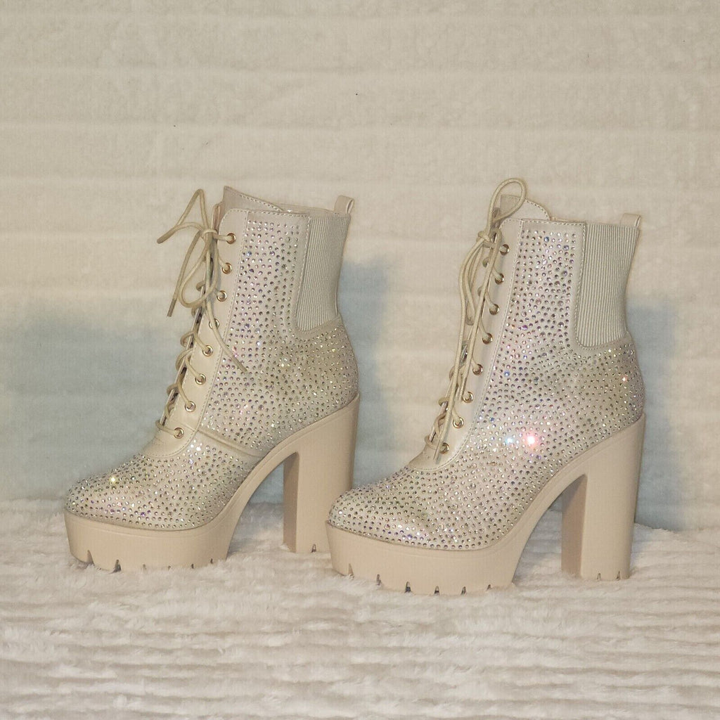 Barri Nude Beige Cream Rhinestone Chunky Heel Platform Ankle Boots - Totally Wicked Footwear