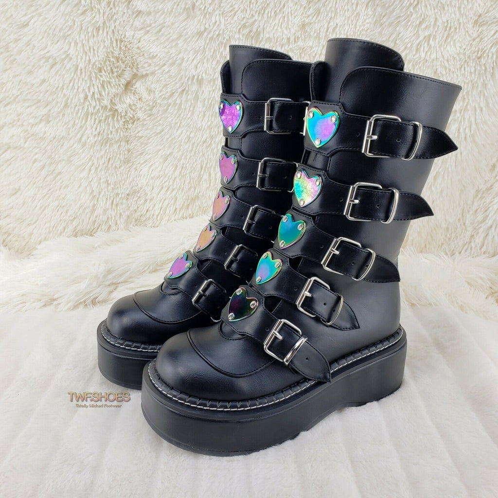 Demonia Emily 330 Black Matte 2" Platform Metal Heart Plate Combat Boots 6-12 NY - Totally Wicked Footwear