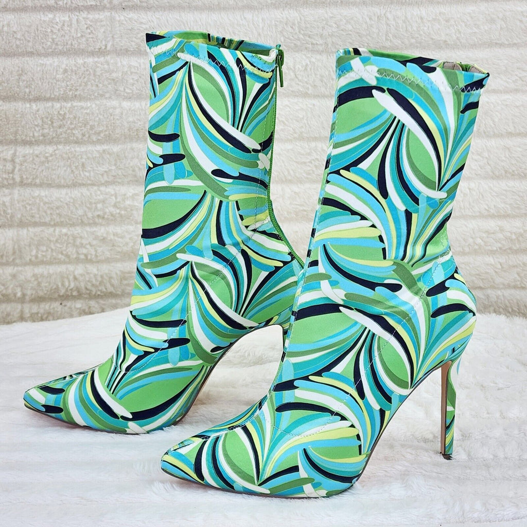 Odin Crazy Wild Color Pattern High Heel Stretch Fabric Ankle Boots - Green Blue - Totally Wicked Footwear