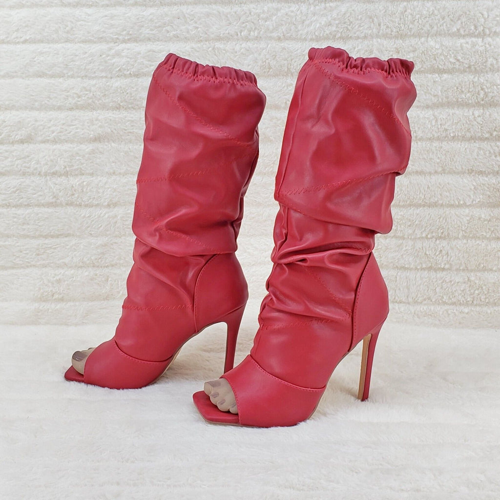 Victoria RED Square toe Mid Calf Adjustable Slouch Scrunch Pull On Boots - Totally Wicked Footwear
