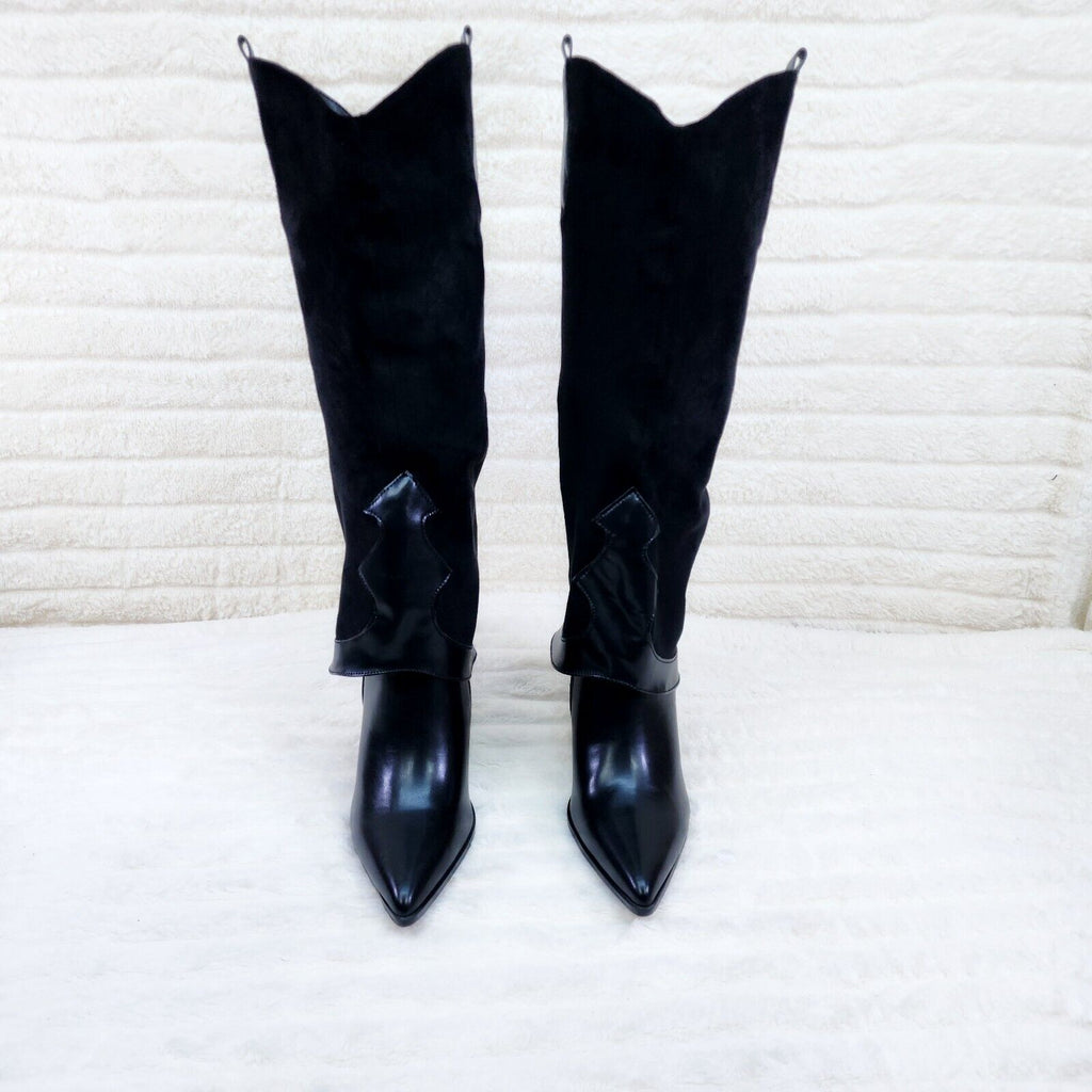 Branded Black Skirted Fold Over Western Knee High Cowgirl Boots - Totally Wicked Footwear