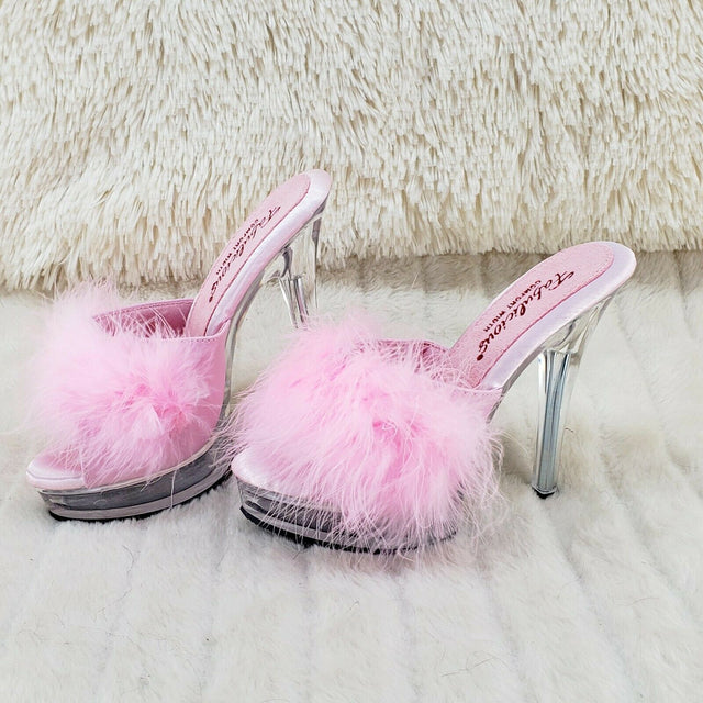 Majesty 501 Marabou Feather Slip On Platform Sandals 6" Stiletto Heel Shoes Pink - Totally Wicked Footwear
