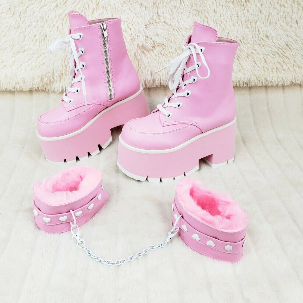 Ashes 57 Pink Heart Studs 3.5" Platform Goth Boots Fur Lined Cuffs & Chain NY - Totally Wicked Footwear