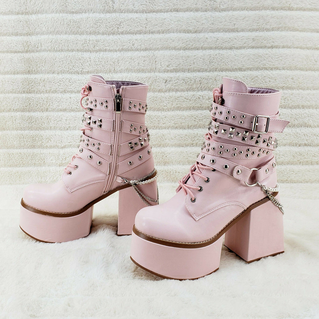 Ocho Baby Pink Ice Multipile Stud Strap Platform Chunky Block Heel Ankle Boots - Totally Wicked Footwear