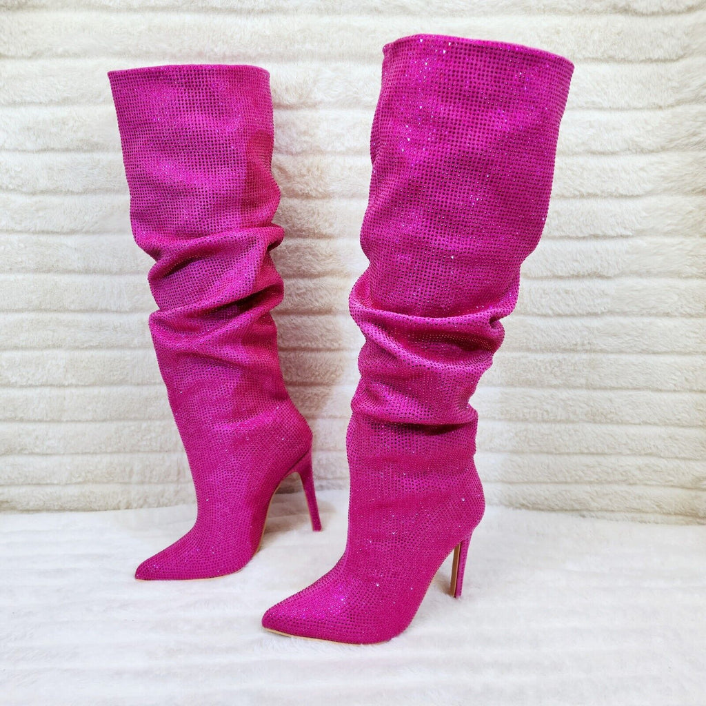 Radiant Fuchsia Pink Rhinestone High Heel Slouch Knee High Boots - Totally Wicked Footwear