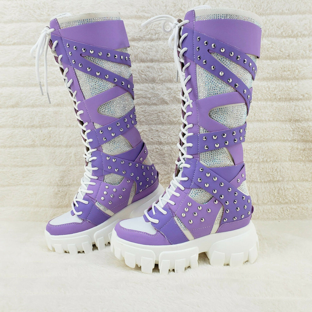 Wang Limited Lilac Purple White Platform Sneaker Knee Boots Hidden Wedge Heels - Totally Wicked Footwear