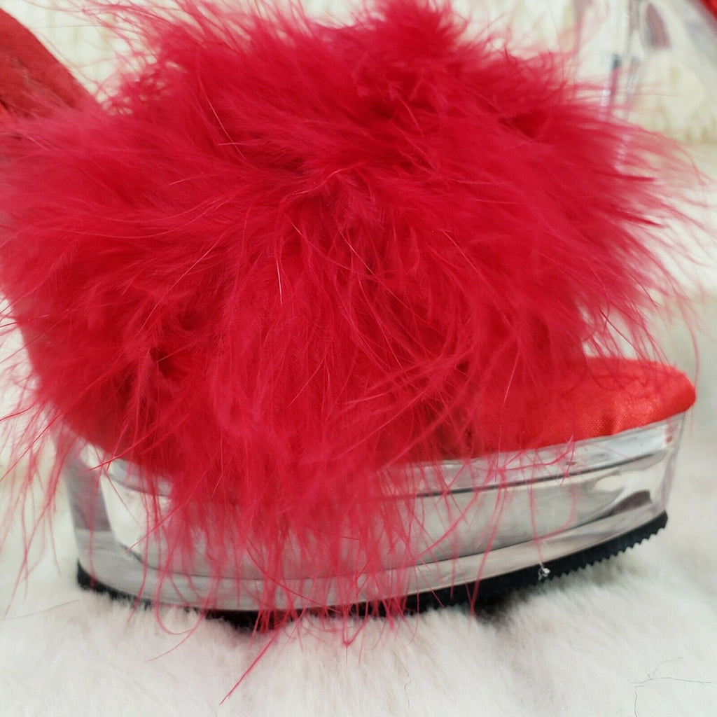 Majesty 501 Marabou Feather Slip On Platform Sandals 6" Stiletto Heel Shoes Red - Totally Wicked Footwear