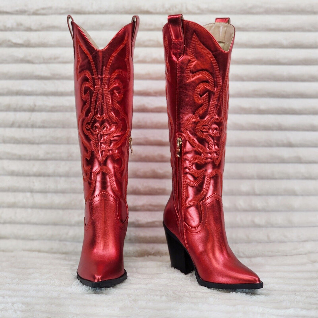 Electric Cowboy Brush Metallic Matte Western Knee High Cowgirl Boots Red - Totally Wicked Footwear