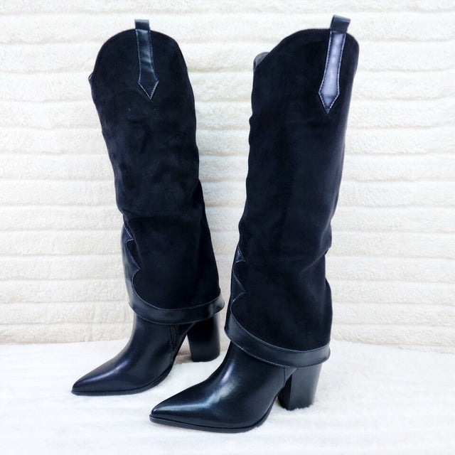 Branded Black Skirted Fold Over Western Knee High Cowgirl Boots - Totally Wicked Footwear