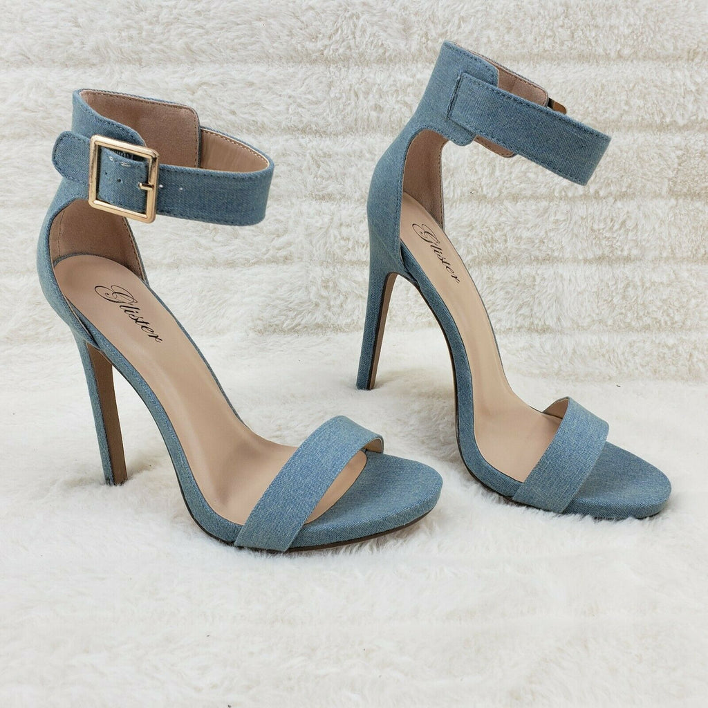 Sexy Light Blue Denim Ankle Strap 4.5" High Heel Shoes Heels Glister - Totally Wicked Footwear