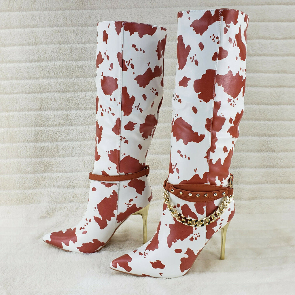 Eva Tan & White Cow Print Leatherette Gold Tone High Heel & Chain Knee Boots - Totally Wicked Footwear