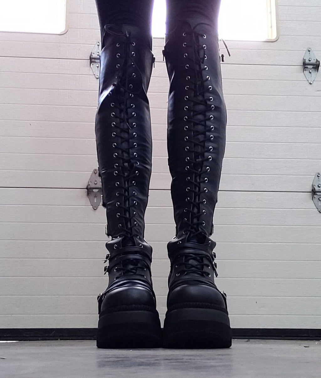 Shaker 350 Black Wide Platform 4.5" Wedge Heel Over The Knee Boots NY DEMONIA - Totally Wicked Footwear