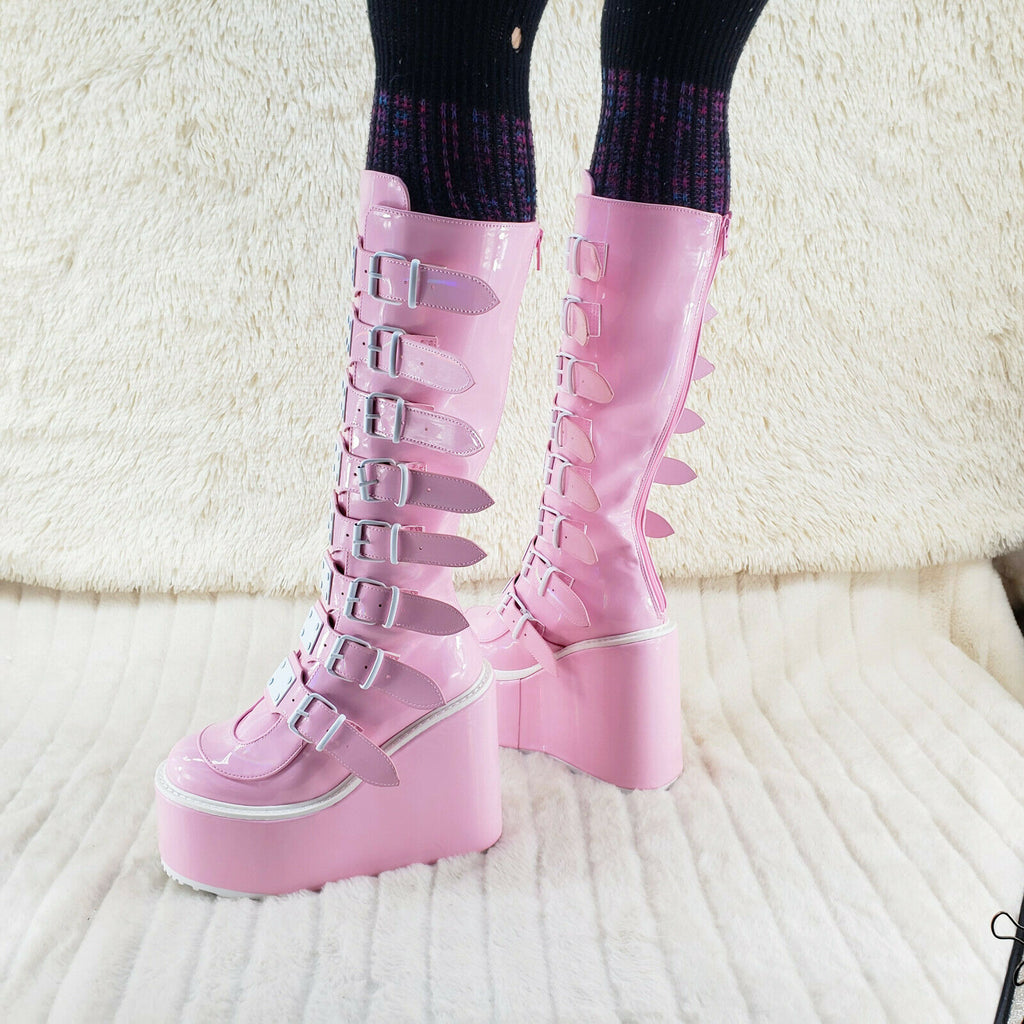 Trinity Swing 815 Pink Hologram Patent Goth Knee Boot 5.5" Platform In House NY - Totally Wicked Footwear