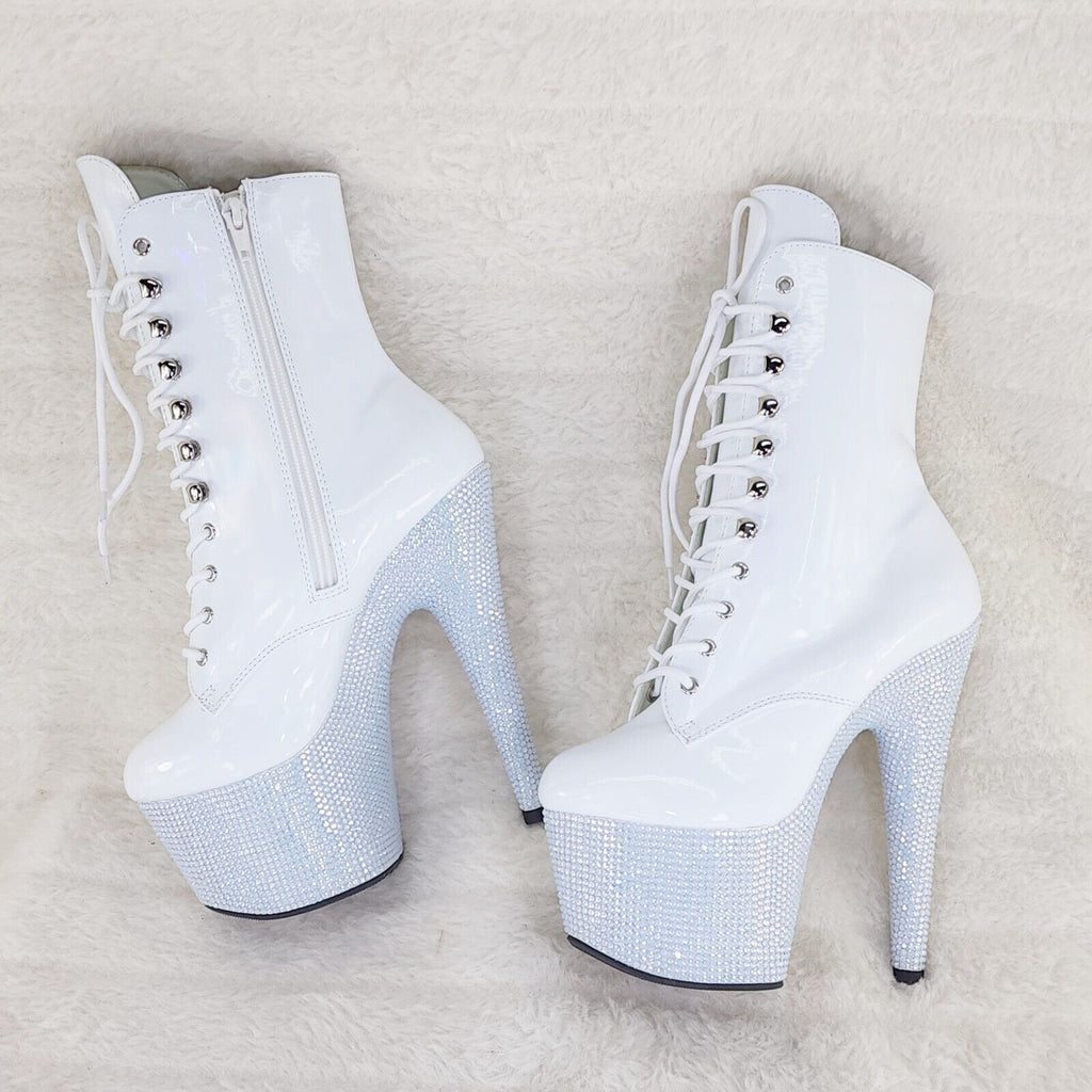 Bejeweled White Rhinestone Platform Lace Up Ankle Boots 7" High Heels IN HOUSE - Totally Wicked Footwear