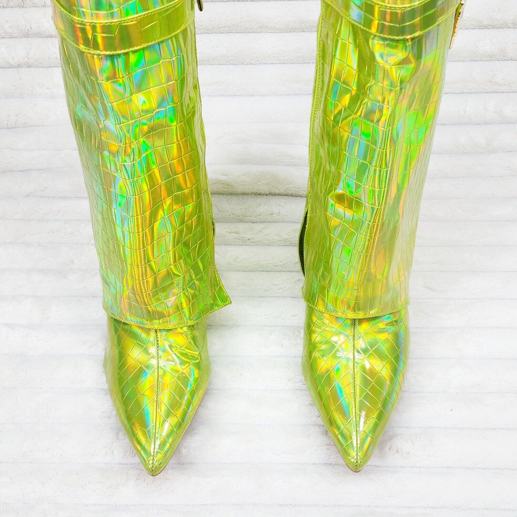 Vision Lime Yellow Hologram Wedge Heel Fold Over Skirted Ankle Boots - Totally Wicked Footwear