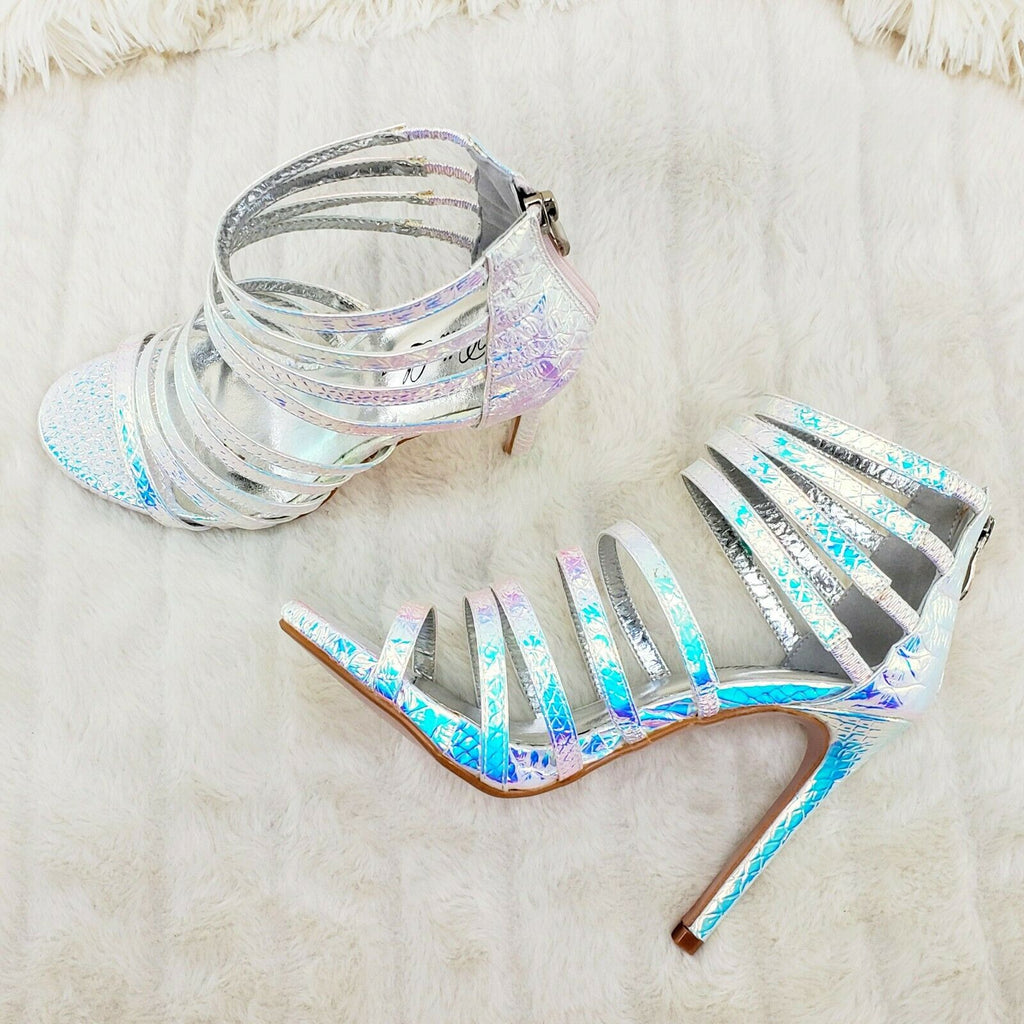 Bella Luna Jane 3 Silver Hologram Multi Strap 4.5" High Heel Shoe 6-10 - Totally Wicked Footwear