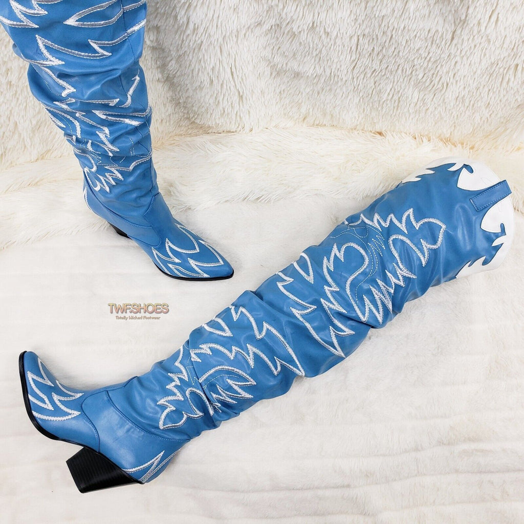 Kelsey 21 Rock Star Turquoise & White Western Slouch OTK Thigh High Cowboy Boots - Totally Wicked Footwear