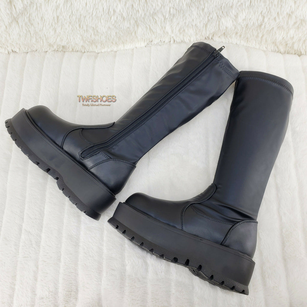 Demonia Slacker 200 65 Black Matte Platform Wedge Heel Knee Boots NY - Totally Wicked Footwear