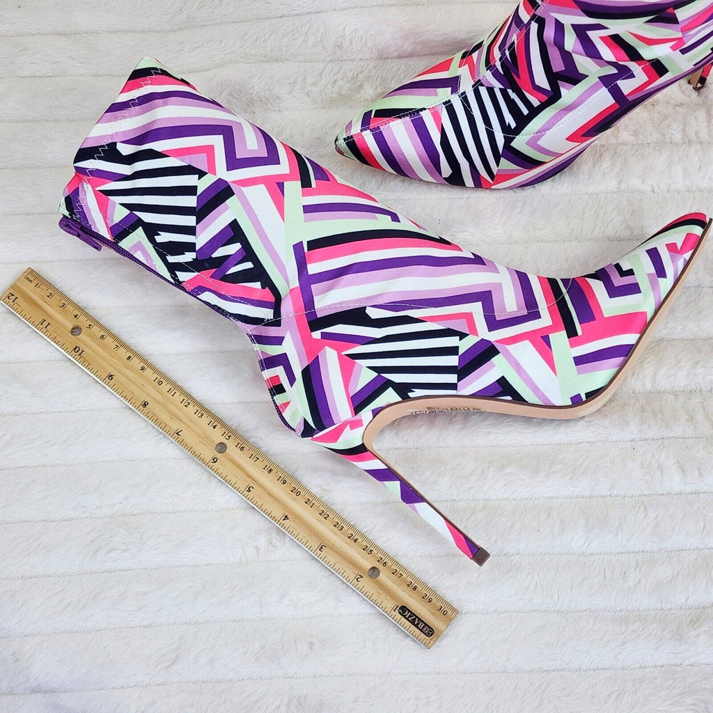 Odin Crazy Wild Color Pattern High Heel Stretch Fabric Ankle Boots - Purple Pink - Totally Wicked Footwear