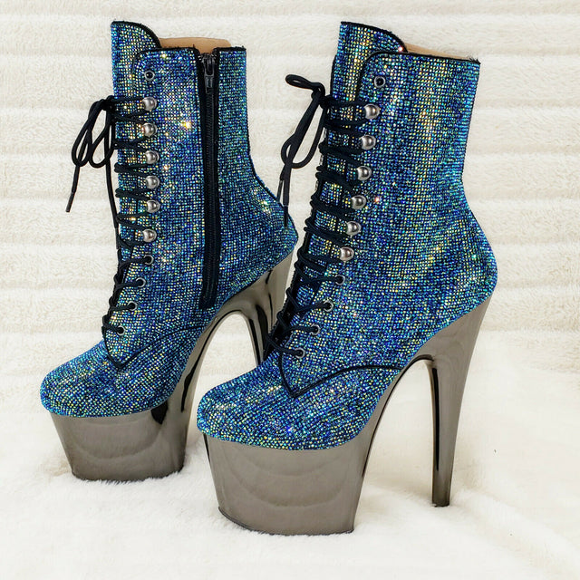 Adore 1020CHRS Teal Pewter Rhinestone 7" High Heel Platform Ankle Boots NY - Totally Wicked Footwear