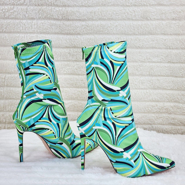 Odin Crazy Wild Color Pattern High Heel Stretch Fabric Ankle Boots - Green Blue - Totally Wicked Footwear