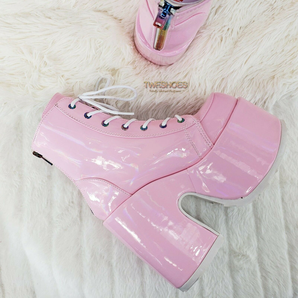 Demonia 203 Camel Stacked Pink Patent Platform Goth Punk Ankle Boots 6-12 NY - Totally Wicked Footwear