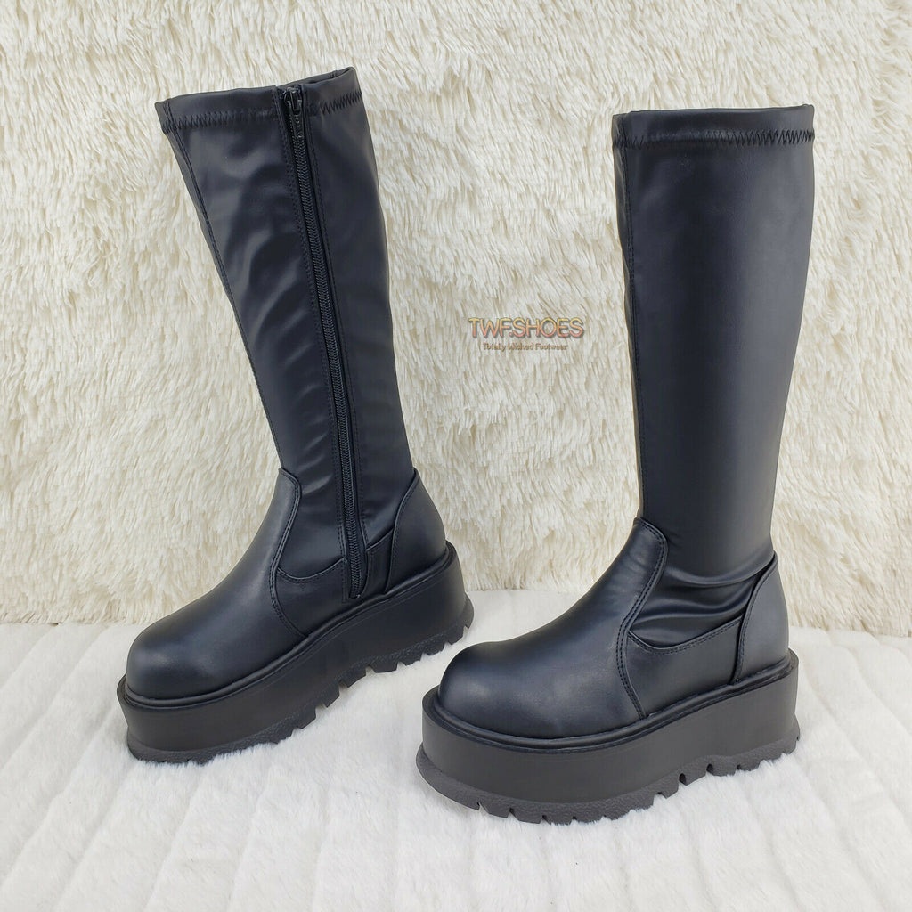 Demonia Slacker 200 65 Black Matte Platform Wedge Heel Knee Boots NY - Totally Wicked Footwear