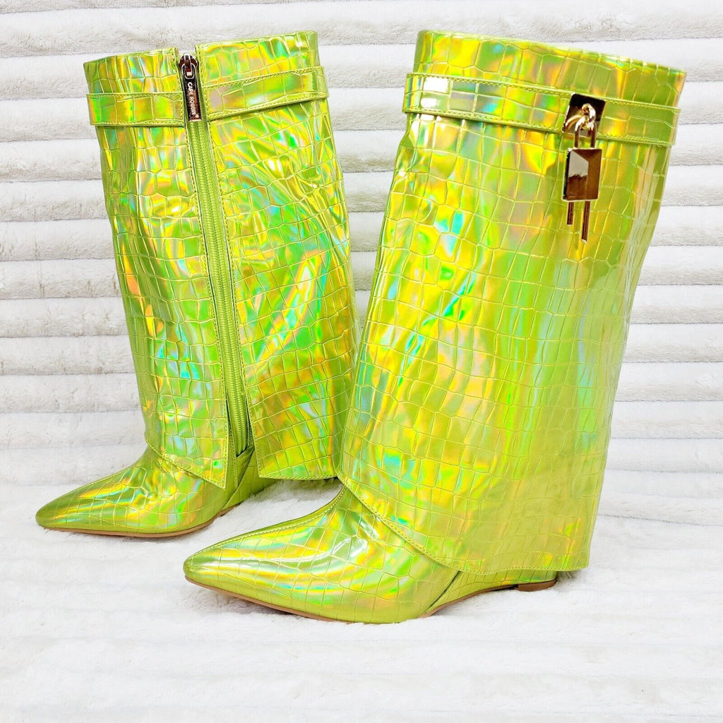 Vision Lime Yellow Hologram Wedge Heel Fold Over Skirted Ankle Boots - Totally Wicked Footwear