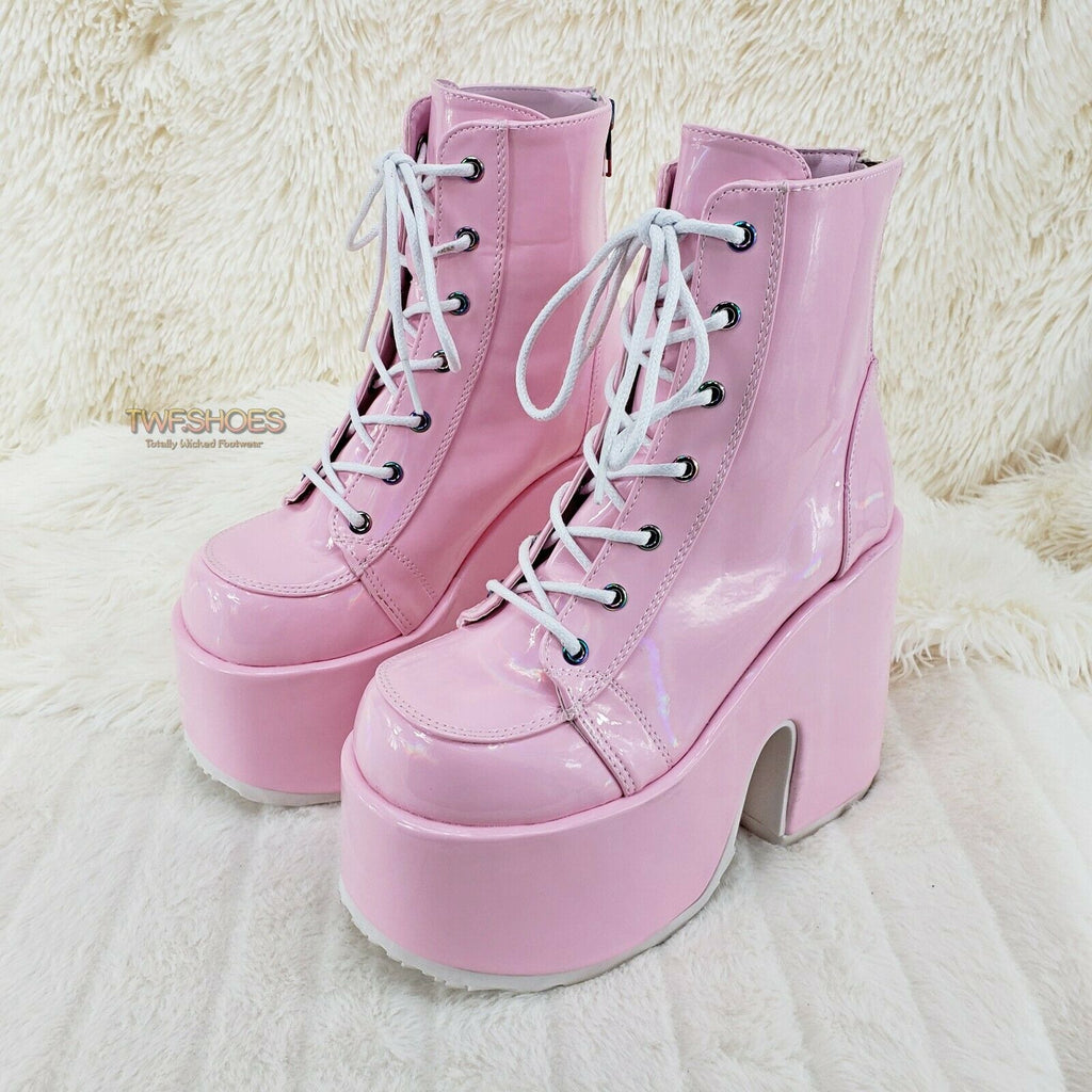 Demonia 203 Camel Stacked Pink Patent Platform Goth Punk Ankle Boots 6-12 NY - Totally Wicked Footwear