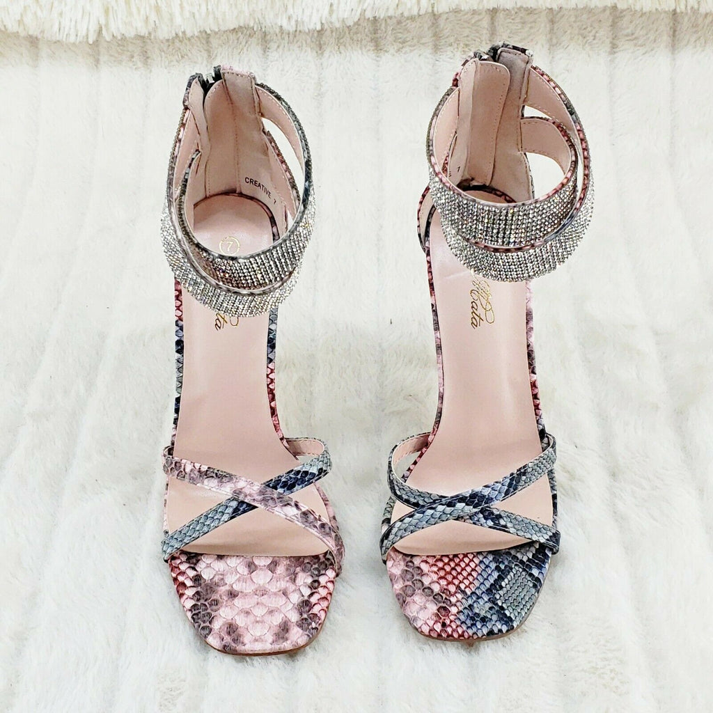 Mata Pink Snake Print Rhinestone Double Ankle Strap Closed Back High Heel Shoes - Totally Wicked Footwear