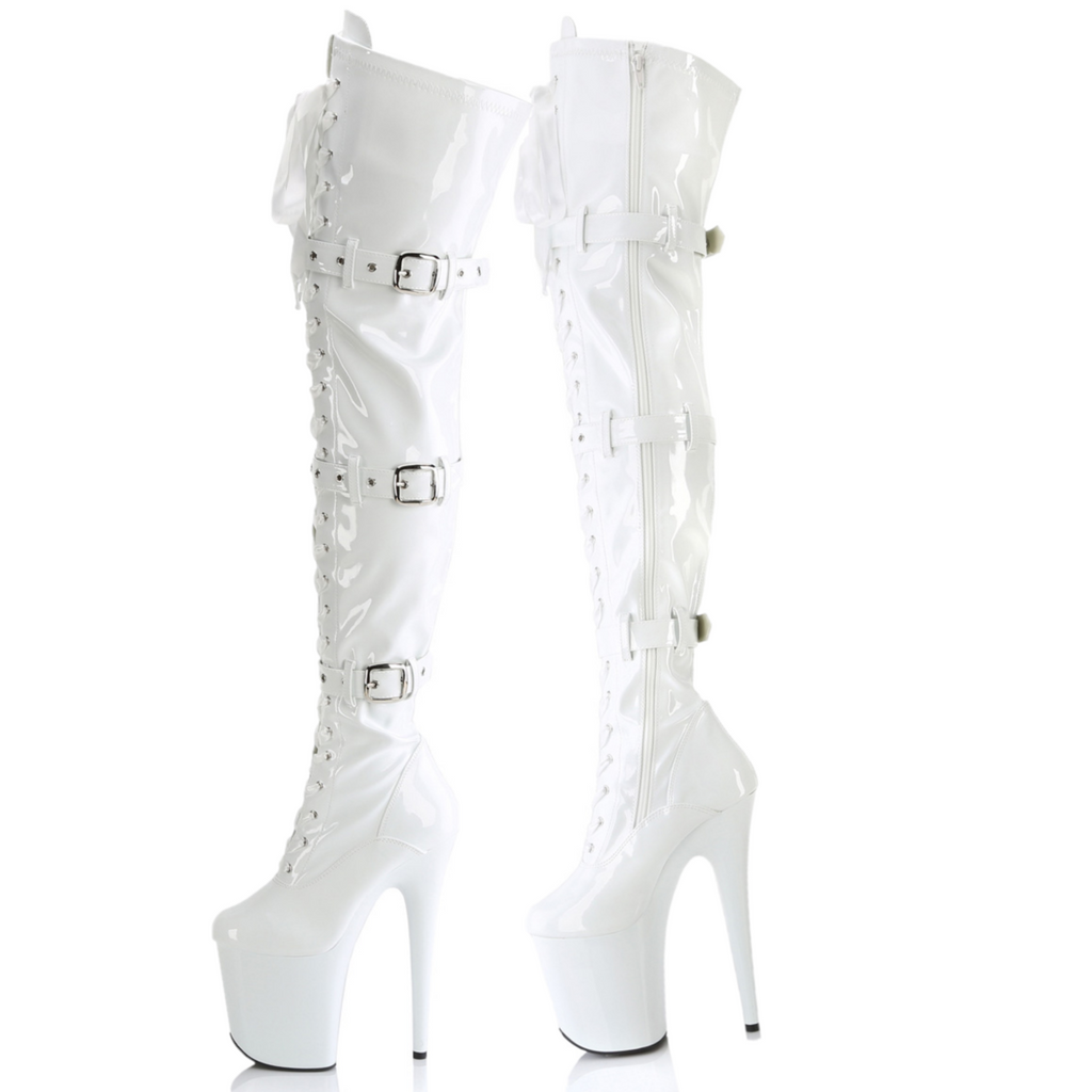 Flamingo 3028 Triple Buckle Thigh High Platform Torment Boot White Patent NY - Totally Wicked Footwear